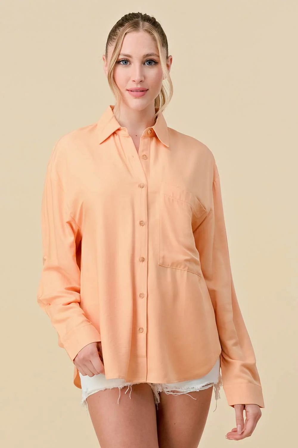 Bella Moda Latina basic collared button-down long sleeve shirt, lightweight top with classic collar and button closure.