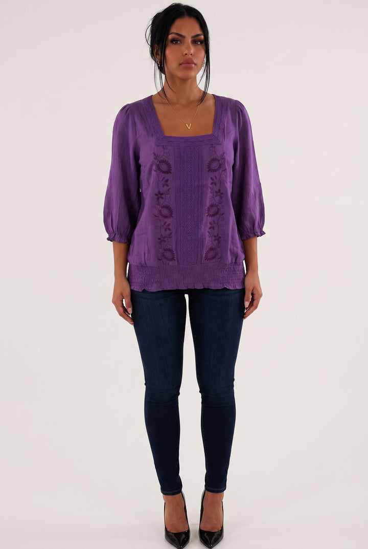 Embroidered Smocked Hem Peasant Blouse