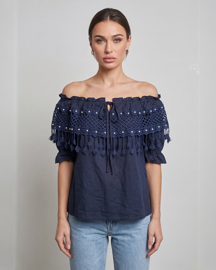 Off-Shoulder Crochet Tassel Blouse
