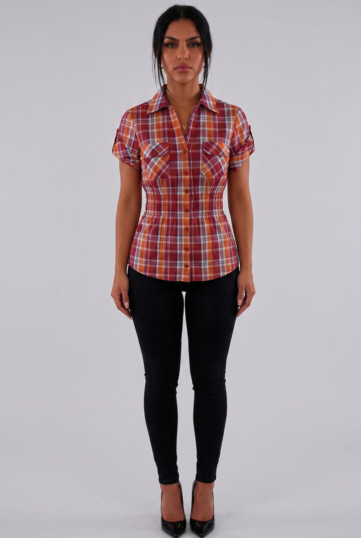 Plaid Smocked Waist Button-Up Top