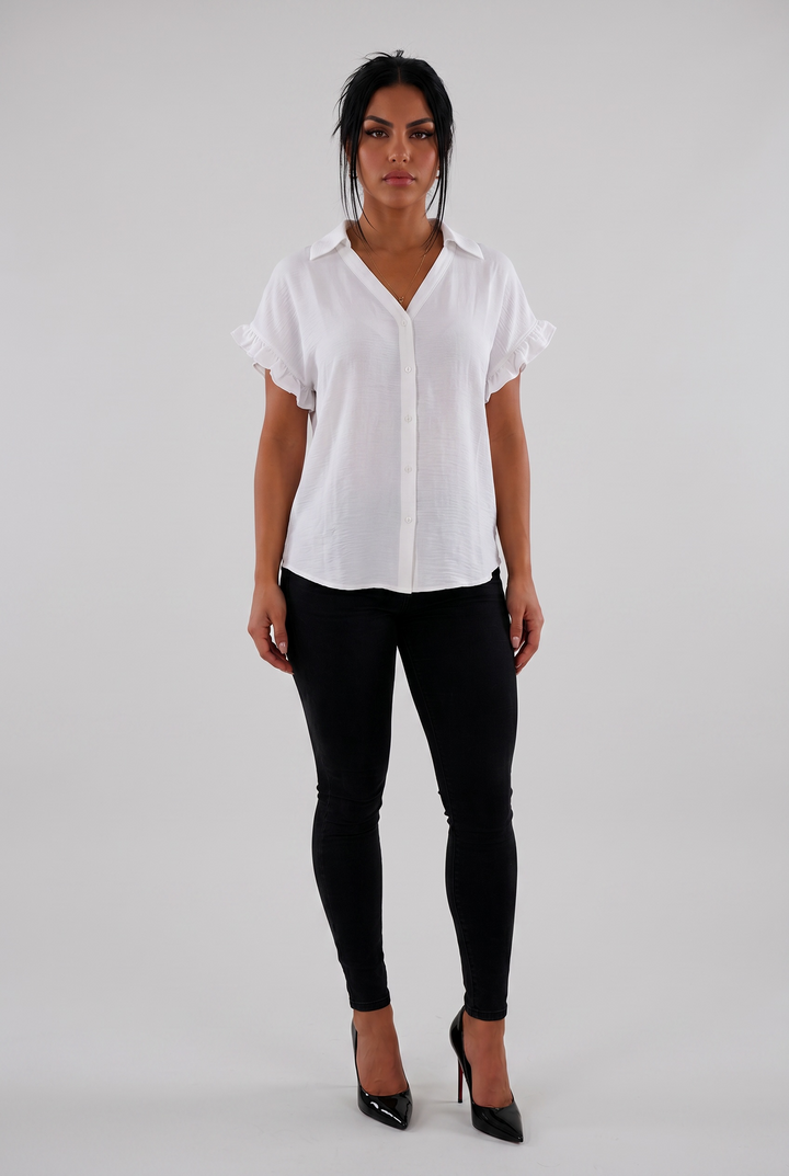 White Ruffle Sleeve Button-Up Blouse