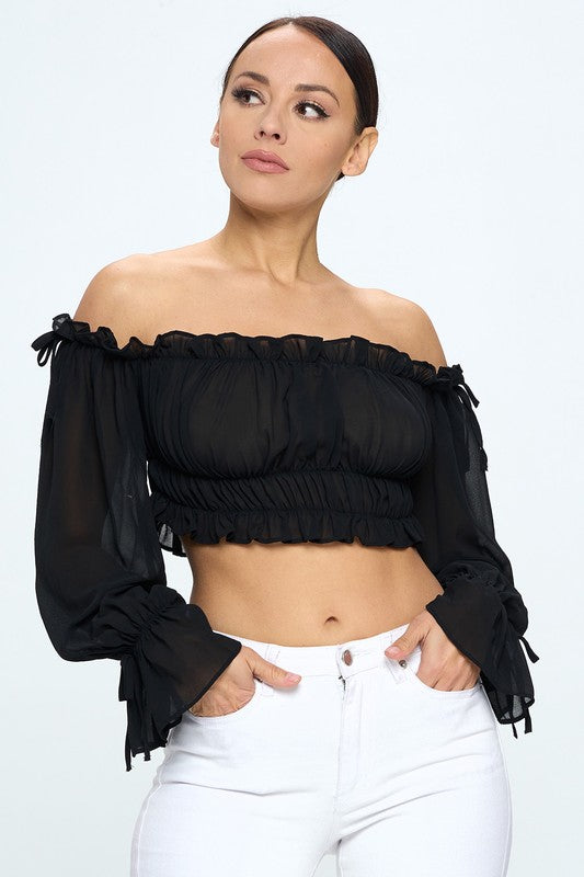 Off shoulder ruffle trim knot sleeve crop top by Bella Moda Latina, featuring a stylish off-shoulder design with ruffles and knot detail.