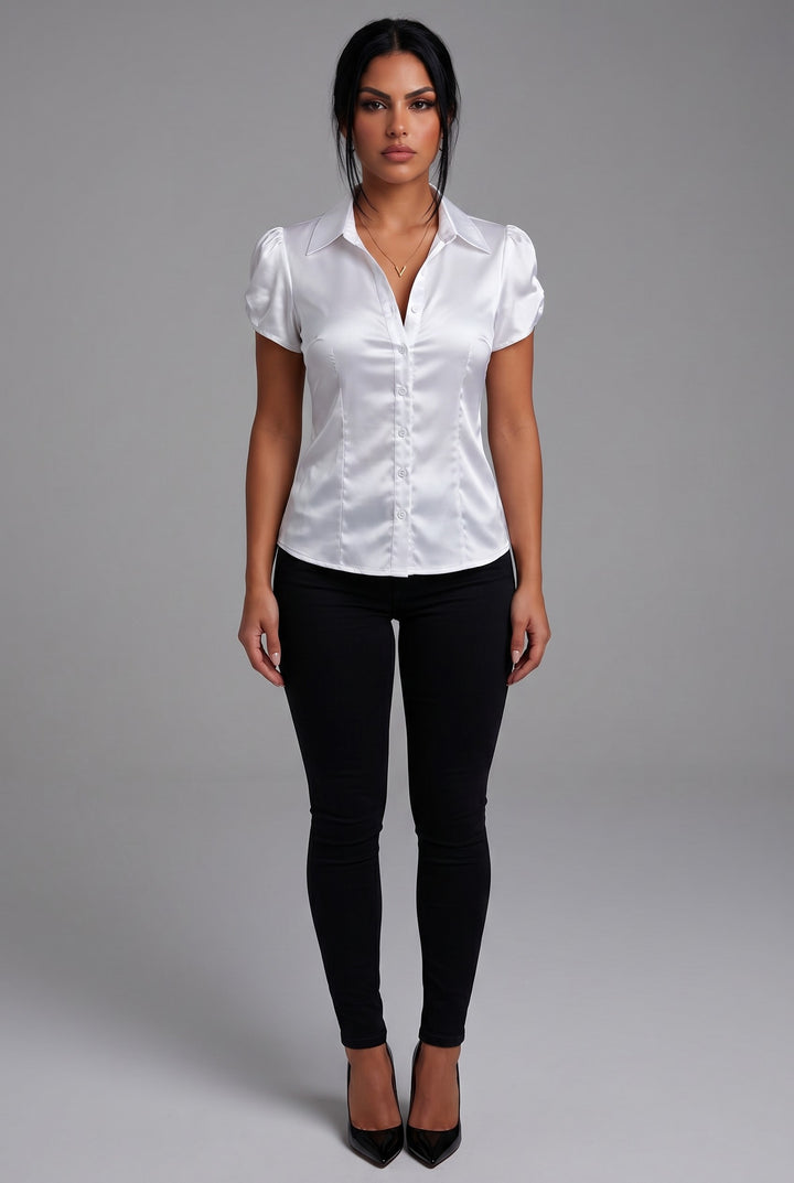Satin Puff Sleeve Button-Up Blouse