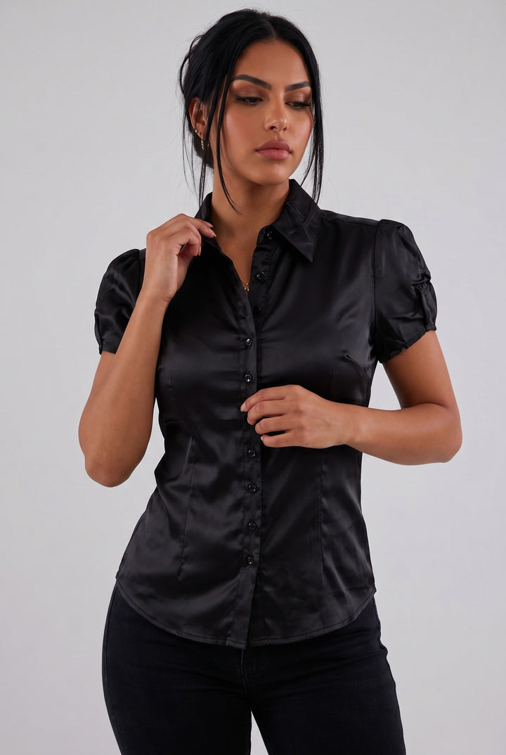 Satin Puff Sleeve Button-Up Blouse