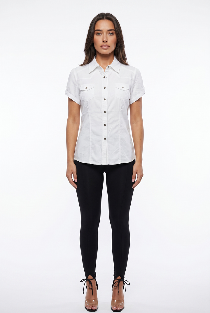 Tailored Short Sleeve Button Down Shirt – Fitted Utility Blouse