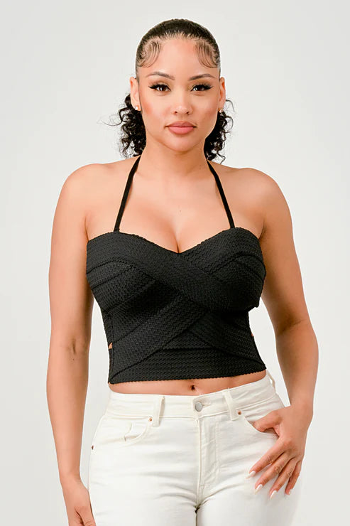 Bella Moda Latina zig zag bandage crop tube top in black, close-up of fitted style with zig zag bandage pattern.