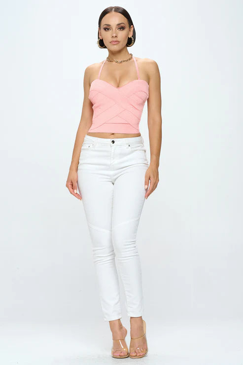 Pink Zig Zag Bandage Crop Tube Top from Bella Moda Latina, featuring a tight fit and stylish design, perfect for casual or night out wear.