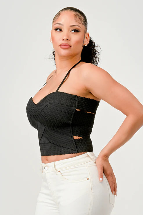 Bella Moda Latina zig zag bandage crop tube top in black, featuring a snug fit and stylish design.
