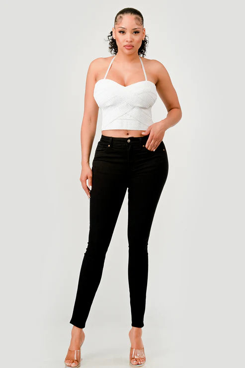 Bella Moda Latina zig zag bandage crop tube top in black, featuring a snug fit and stylish design.
