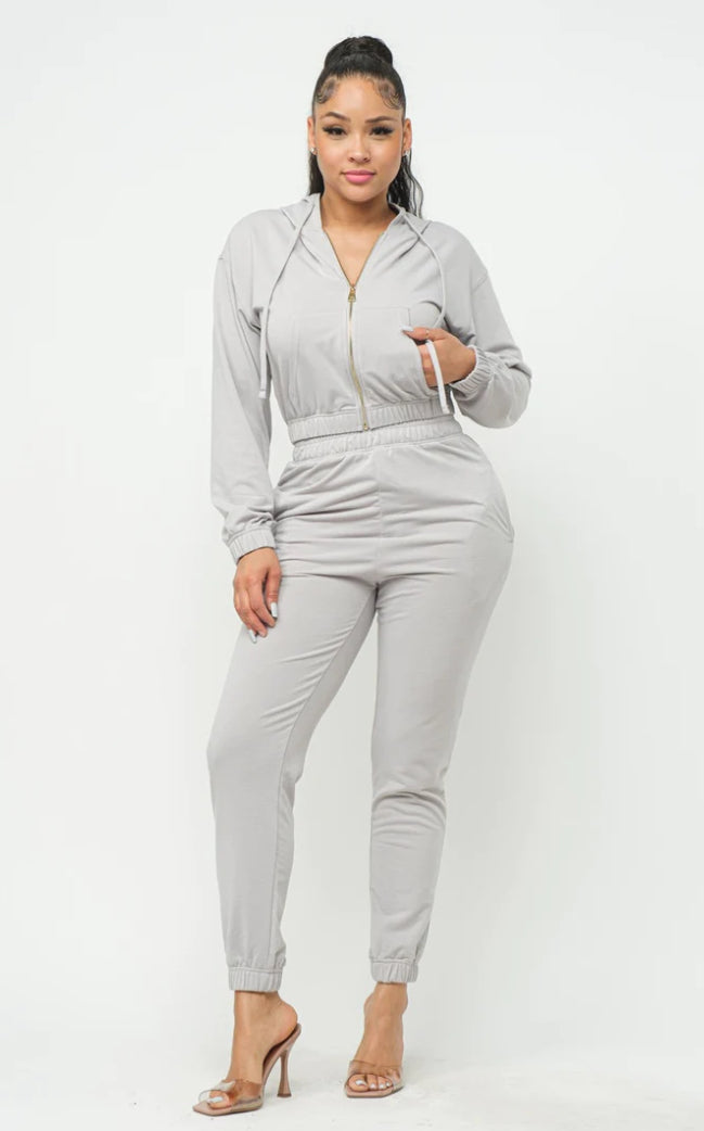 Bella Moda Latina French Terry cropped zip-up hoodie and jogger set, showing the comfortable two-piece athletic outfit.