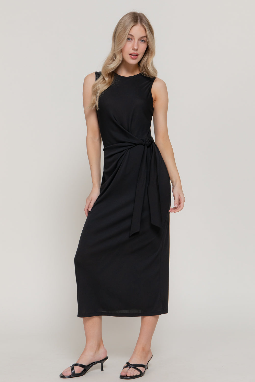 Waist-Tie Ribbed Midi Dress – Black – Black – View 3