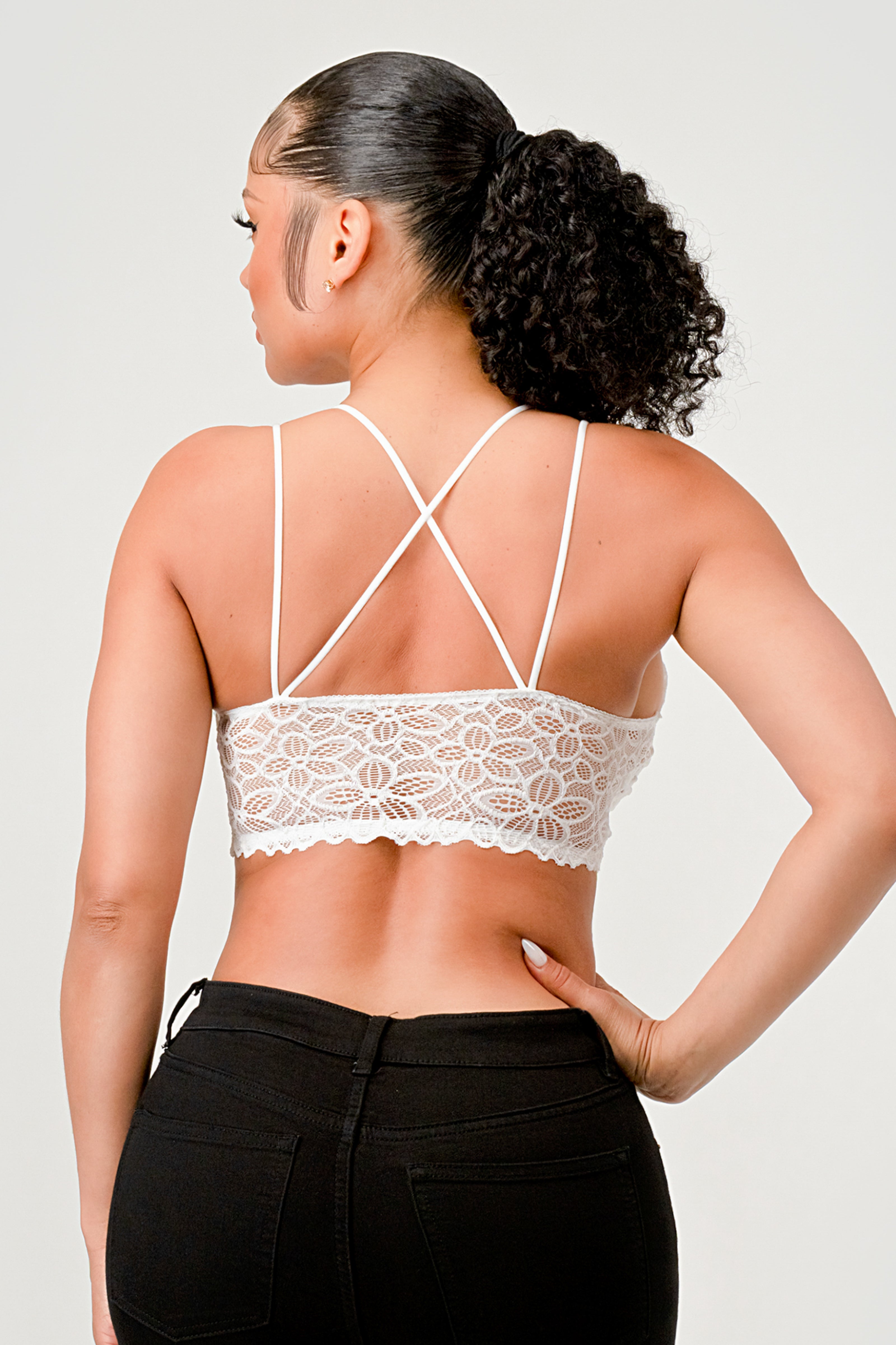 White crochet lace crop top – cross-strap back view