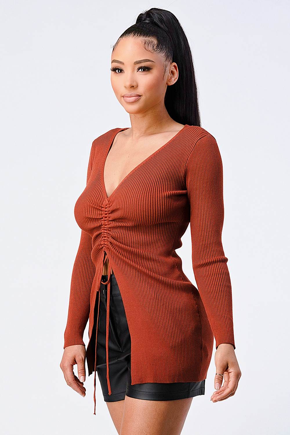 SWEATER KNIT RUCHED LONG SLEEVES TOP - Bella Moda Latina