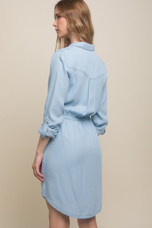 Button Down Tencel Denim Midi Dress - Vella Moda
