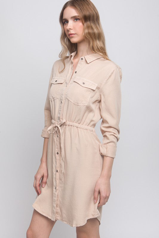 Button Down Tencel Denim Midi Dress - Vella Moda