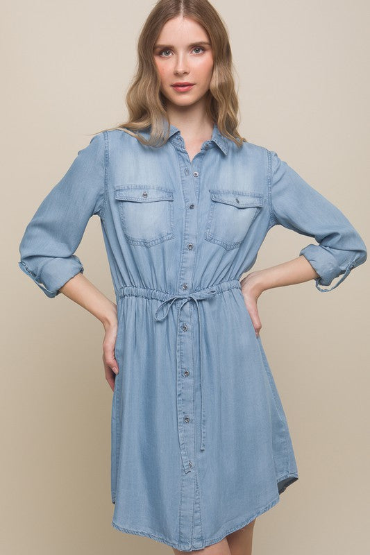 Button Down Tencel Denim Midi Dress - Vella Moda