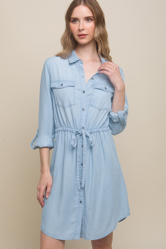 Button Down Tencel Denim Midi Dress - Vella Moda