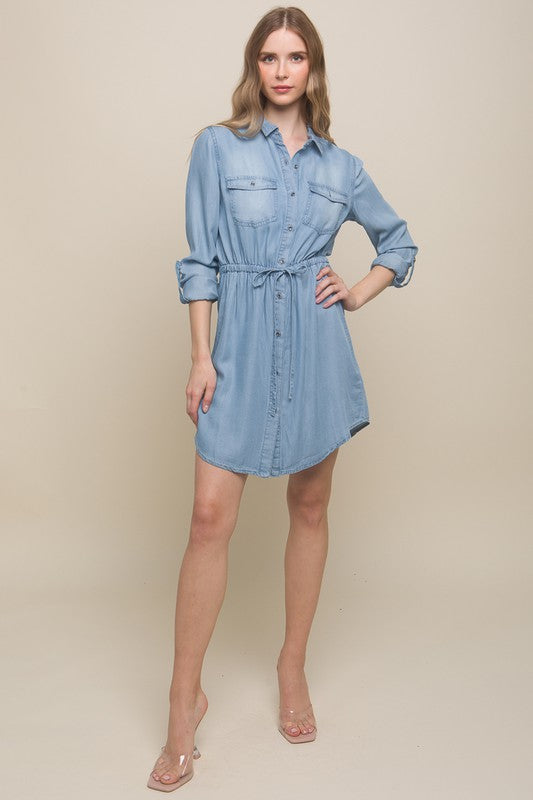 Button Down Tencel Denim Midi Dress - Vella Moda