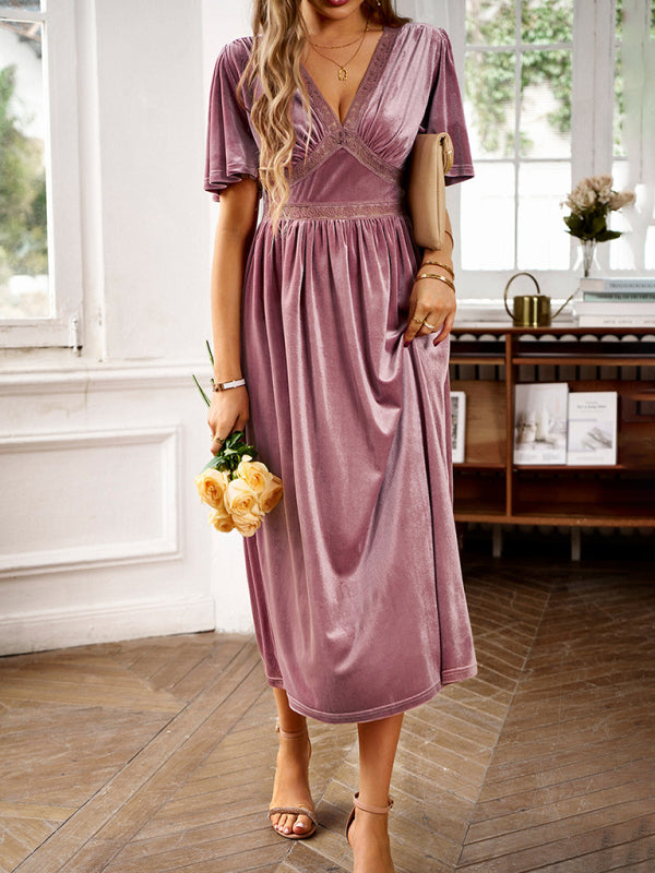 New elegant V-neck short-sleeved velvet dress - Vella Moda