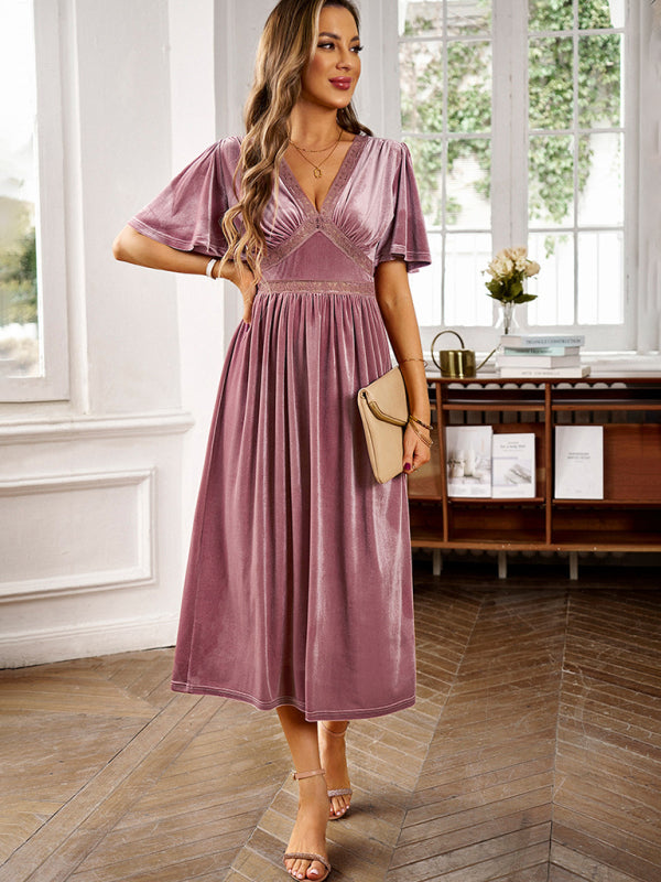 New elegant V-neck short-sleeved velvet dress - Vella Moda