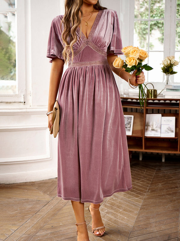 New elegant V-neck short-sleeved velvet dress - Vella Moda