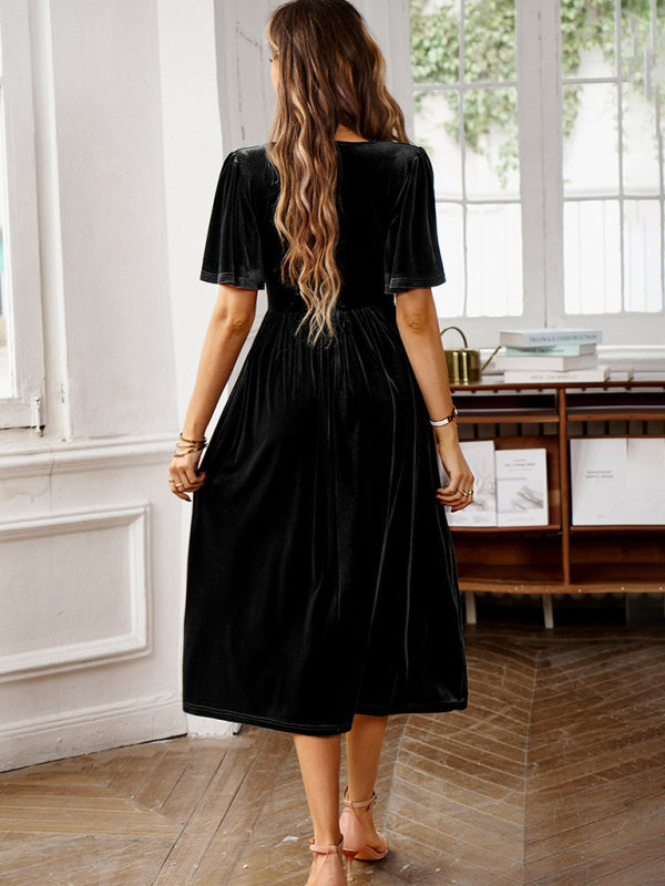 New elegant V-neck short-sleeved velvet dress - Vella Moda
