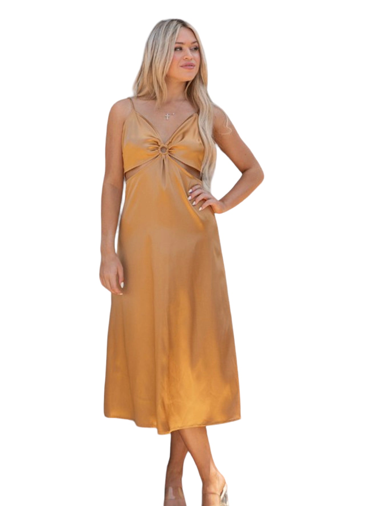 Rokoko solid satin midi dress showing a sleek, elegant design with smooth fabric and a fitted silhouette.
