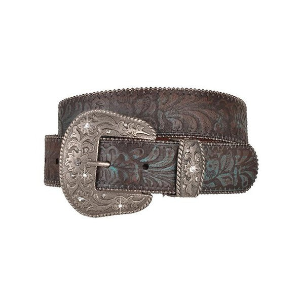 Turquoise Tinted Rhinestone Western Buckle Belt - Vella Moda