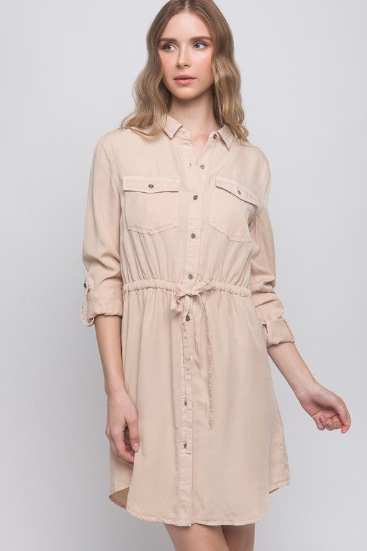 Button Down Tencel Denim Midi Dress - Vella Moda