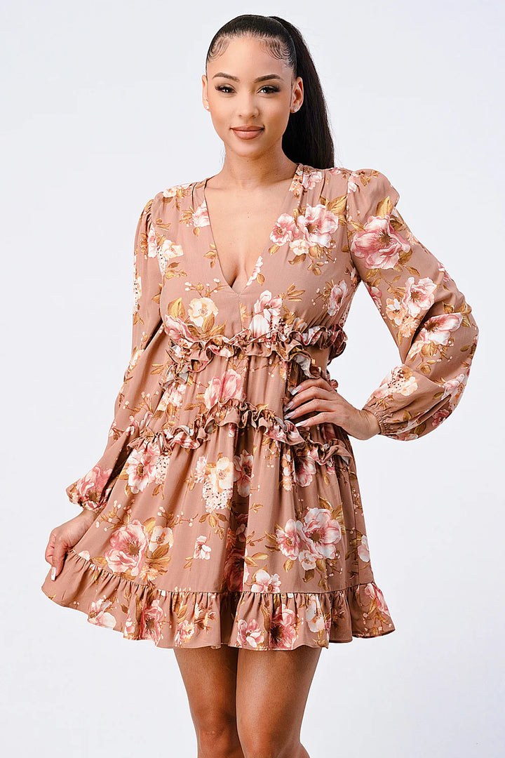 FLORAL CHIFFON V-NECK MINI DRESS - Vella Moda