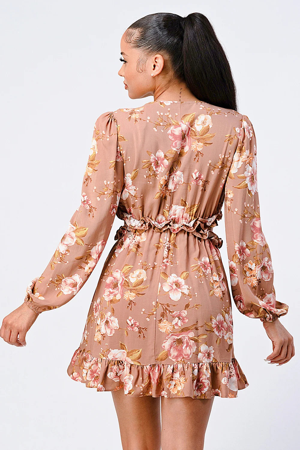 FLORAL CHIFFON V-NECK MINI DRESS - Vella Moda