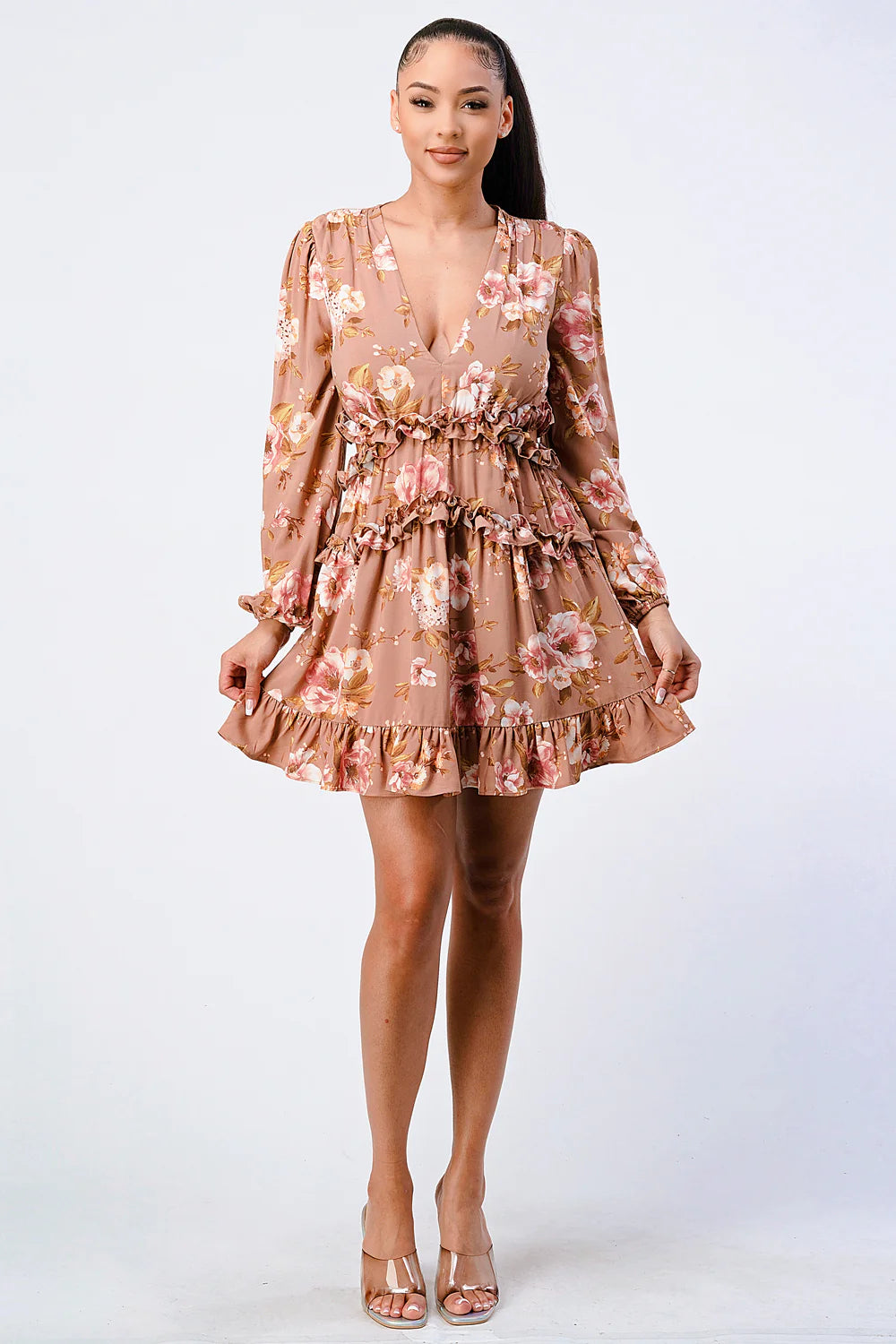 FLORAL CHIFFON V-NECK MINI DRESS - Vella Moda