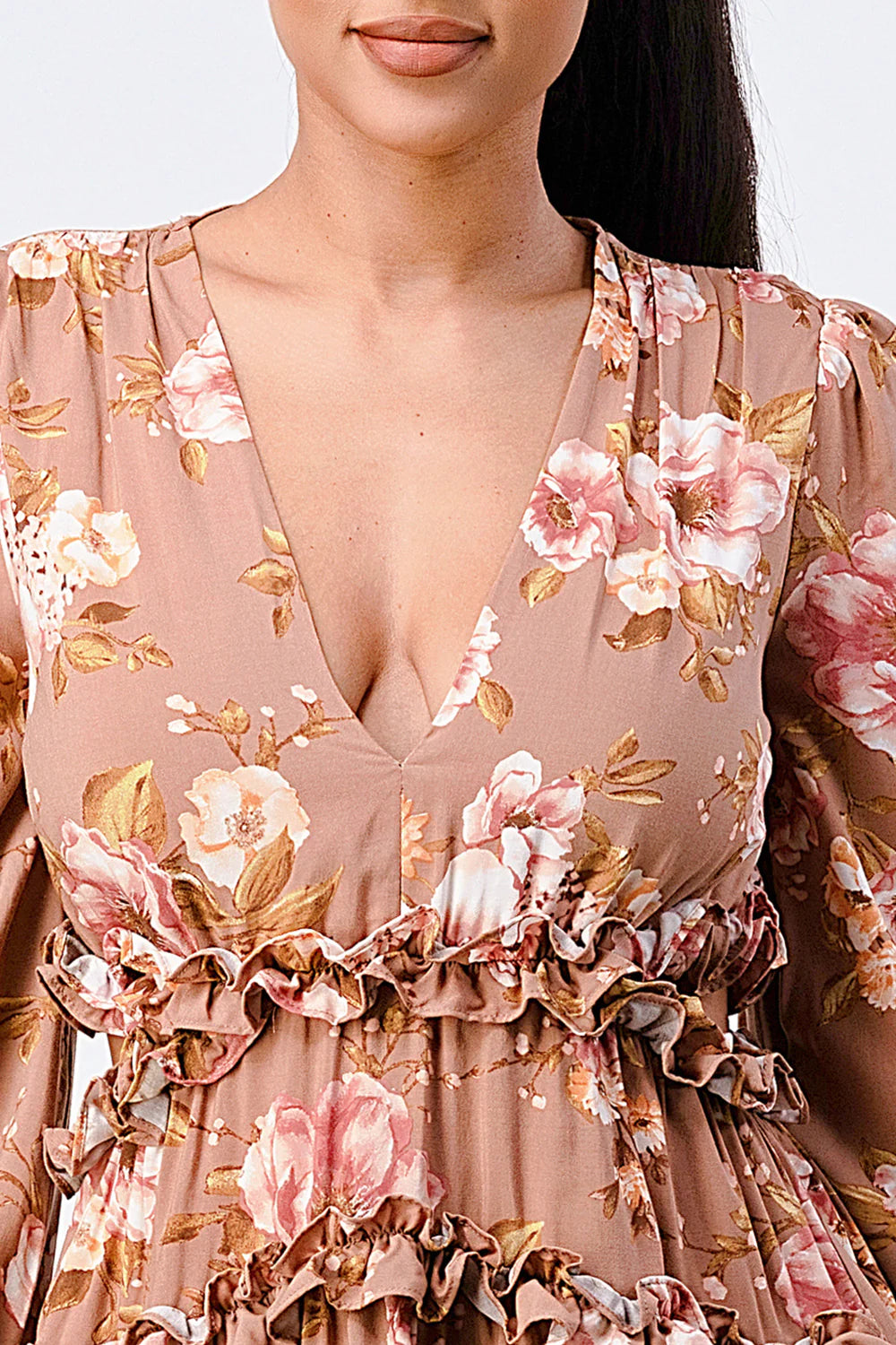 FLORAL CHIFFON V-NECK MINI DRESS - Vella Moda