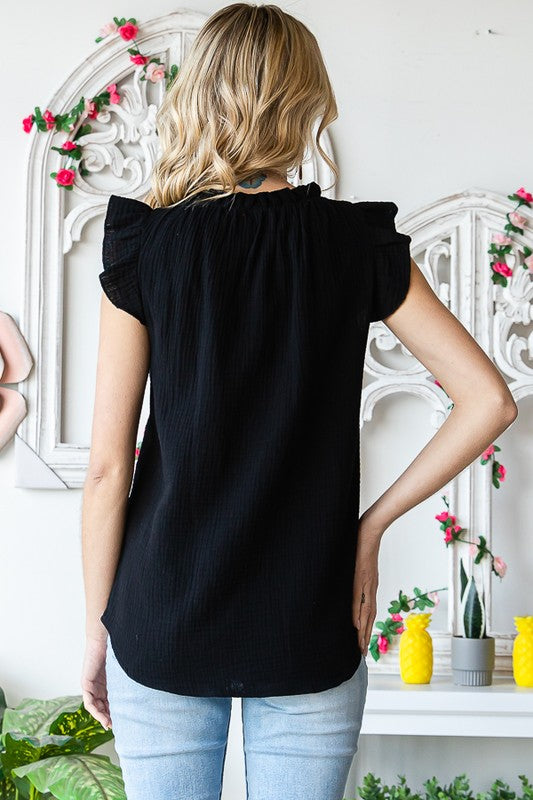 SOLID RUFFLE MOCK NECK BLOUSE - Vella Moda