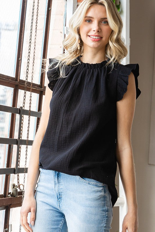 SOLID RUFFLE MOCK NECK BLOUSE - Vella Moda