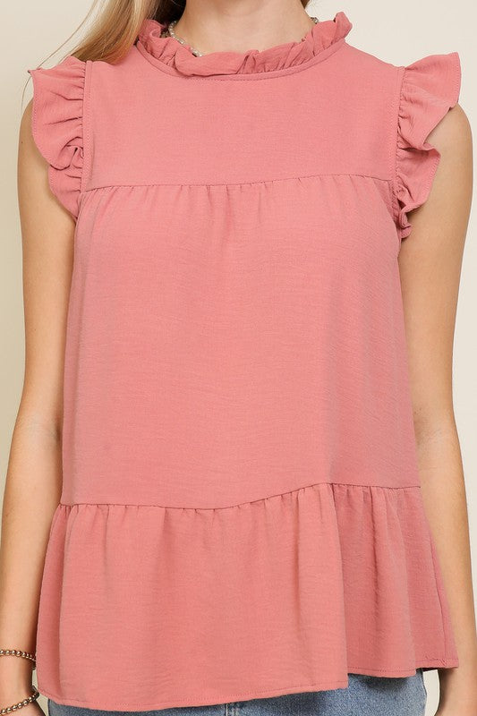 BABYDOLL TOP WITH RUFFLE SLEEVES AND NECKLINE - Vella Moda
