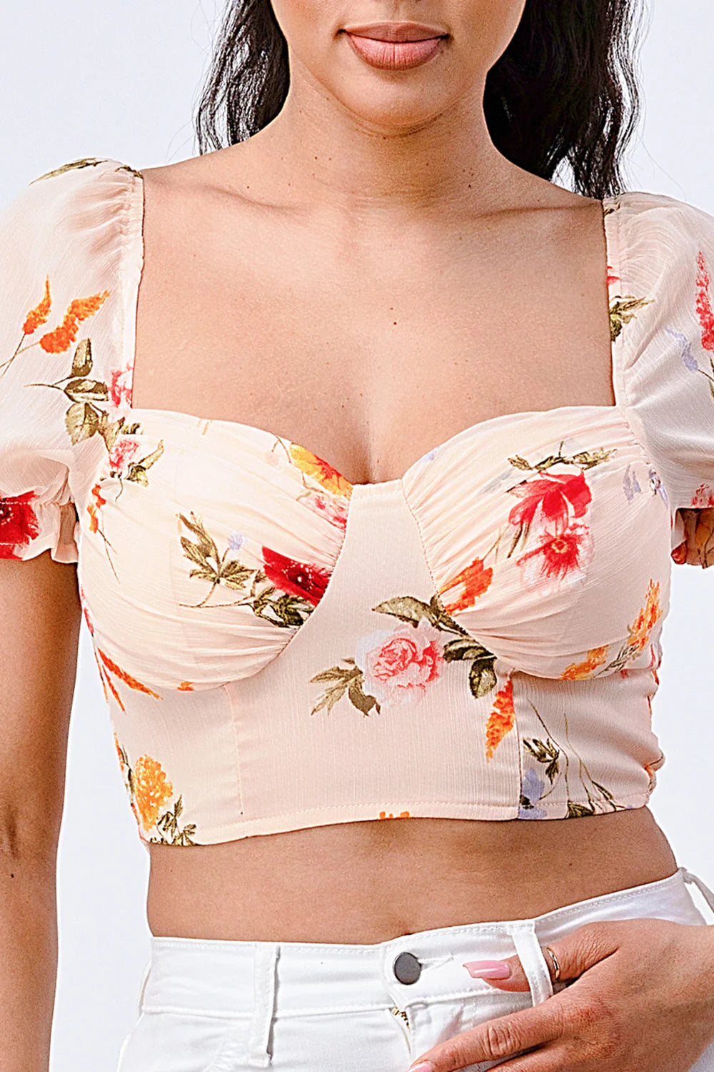 FLORAL CHIFFON SMOCKED SWEETHEART TOP - Vella Moda