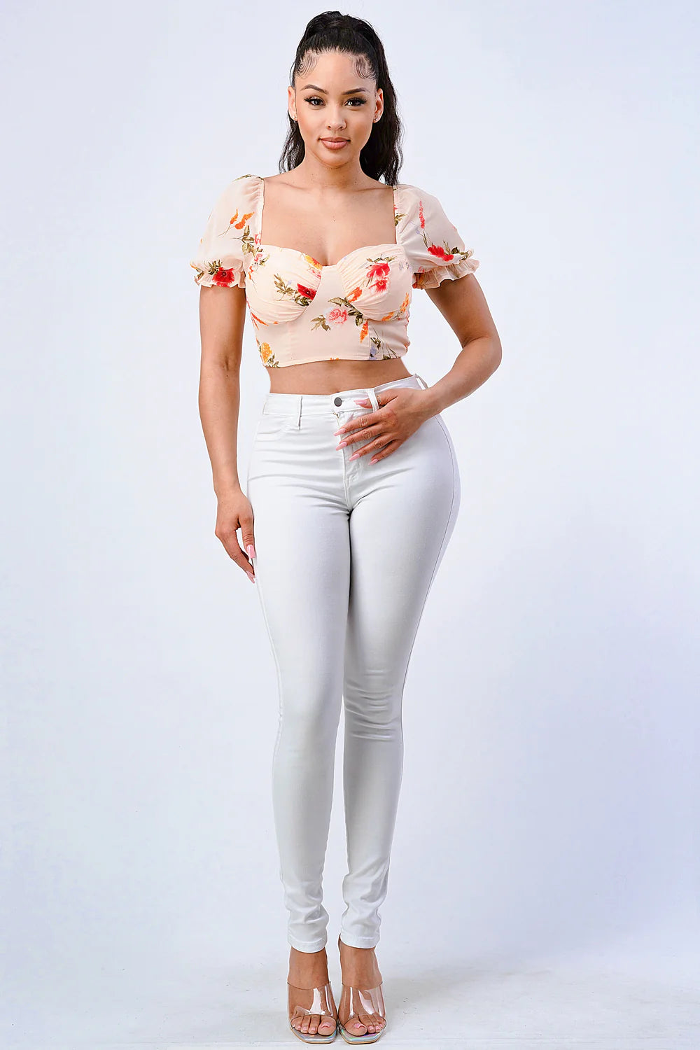 FLORAL CHIFFON SMOCKED SWEETHEART TOP - Vella Moda