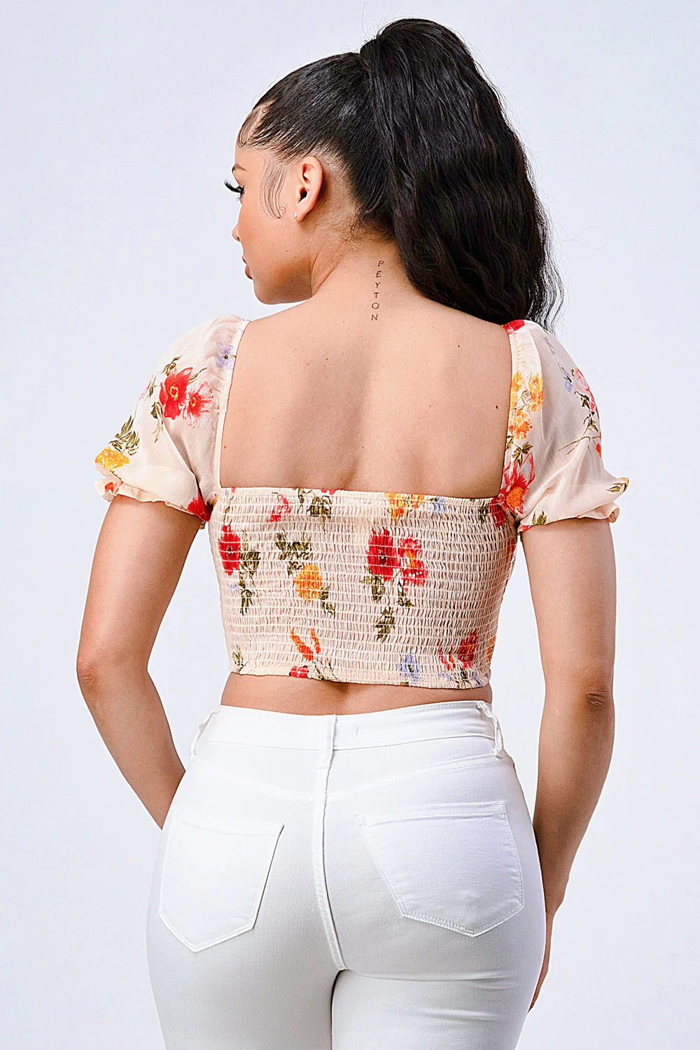 FLORAL CHIFFON SMOCKED SWEETHEART TOP - Vella Moda