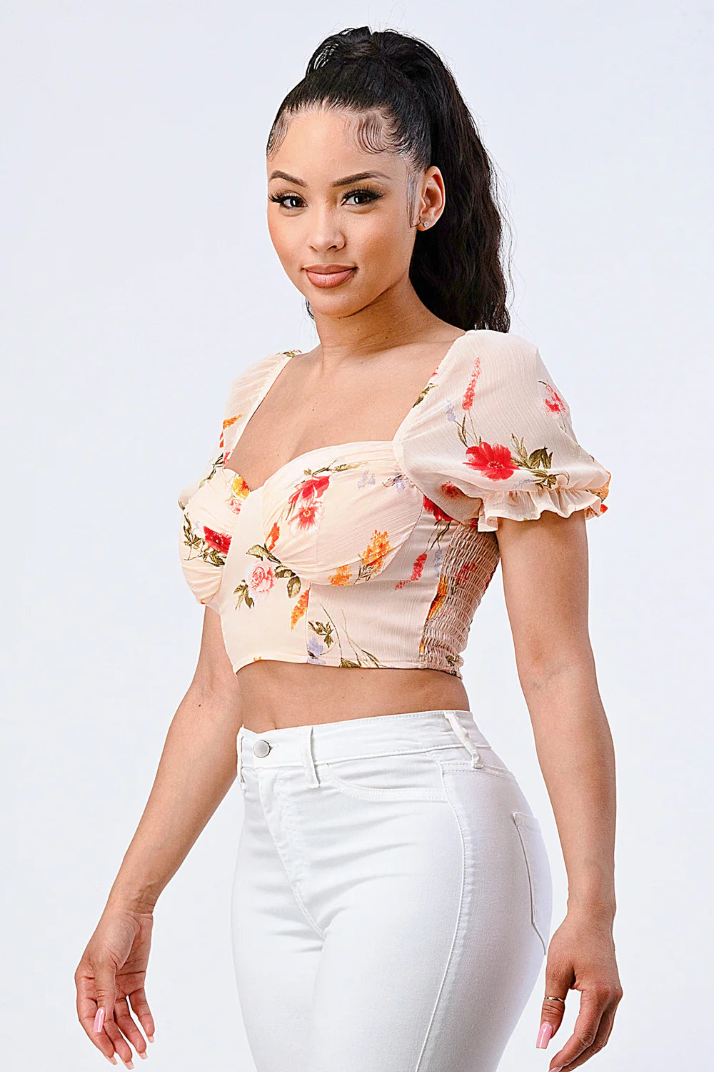 FLORAL CHIFFON SMOCKED SWEETHEART TOP - Vella Moda