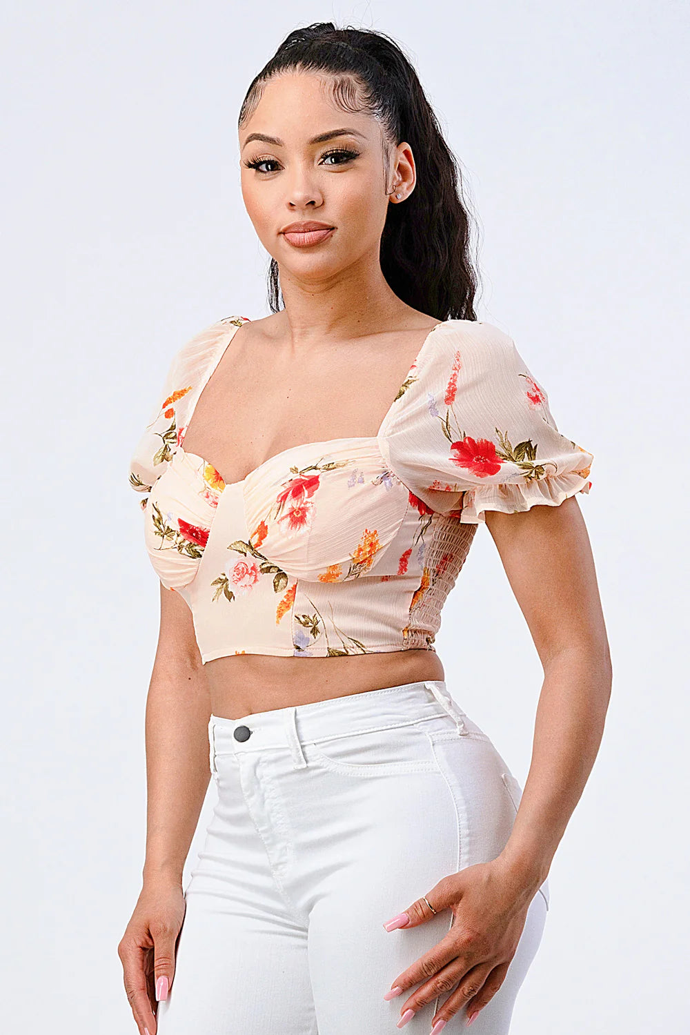 FLORAL CHIFFON SMOCKED SWEETHEART TOP - Vella Moda