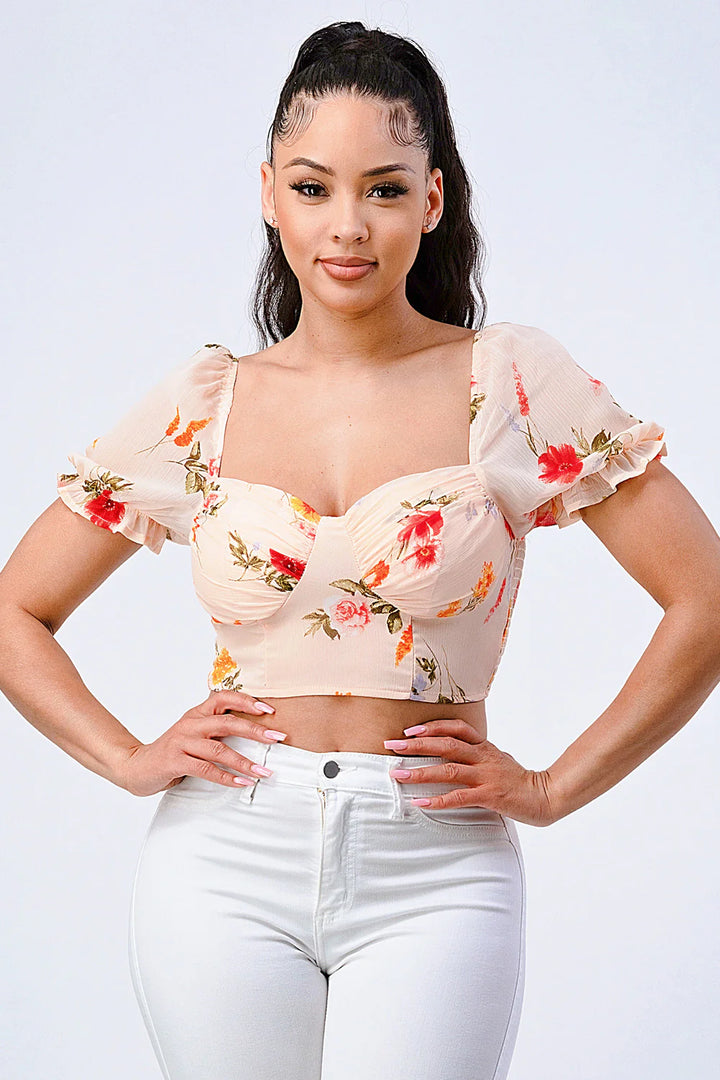 FLORAL CHIFFON SMOCKED SWEETHEART TOP - Vella Moda