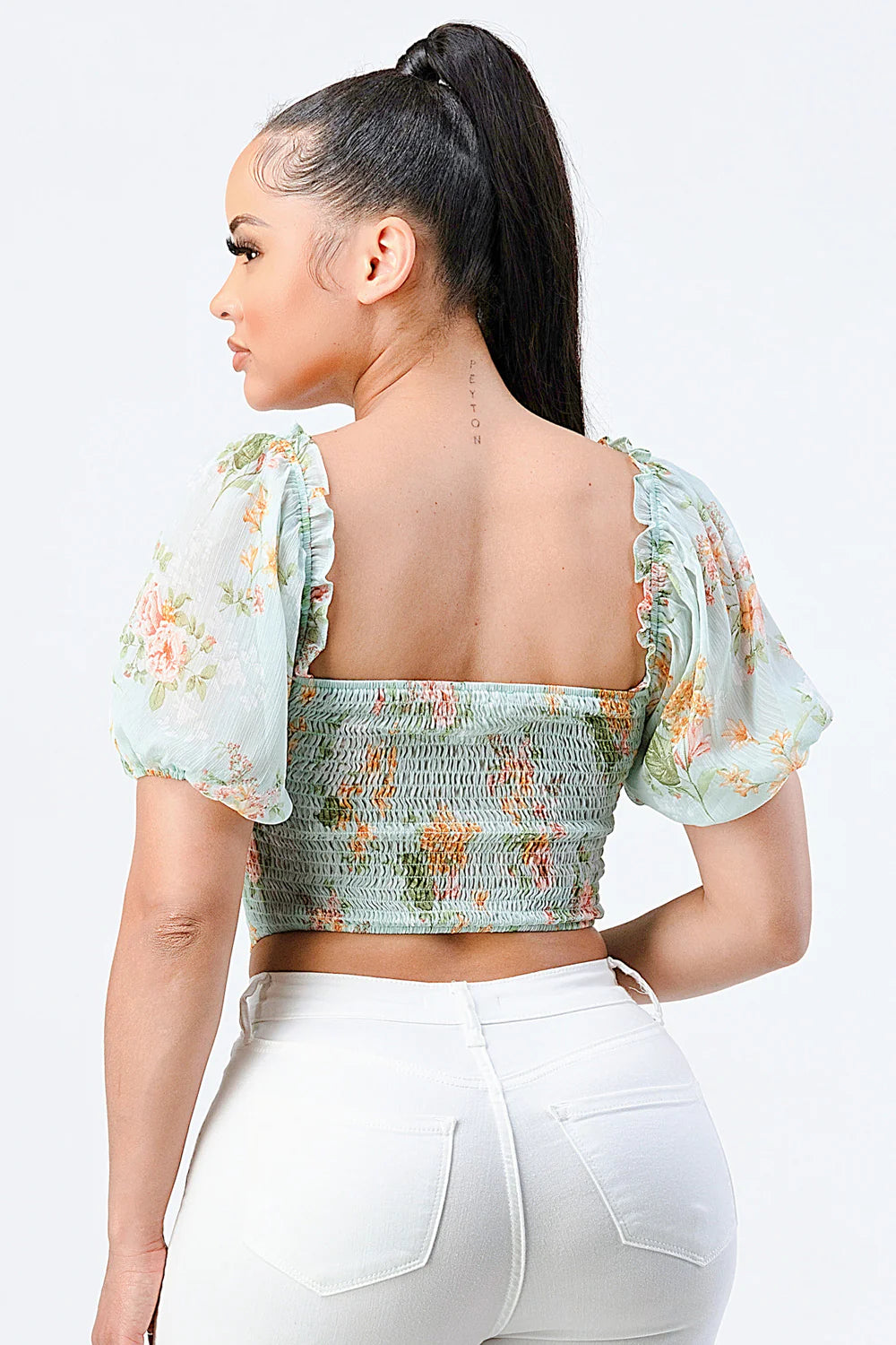 FLORAL CHIFFON SMOCKED SWEETHEART TOP - Vella Moda