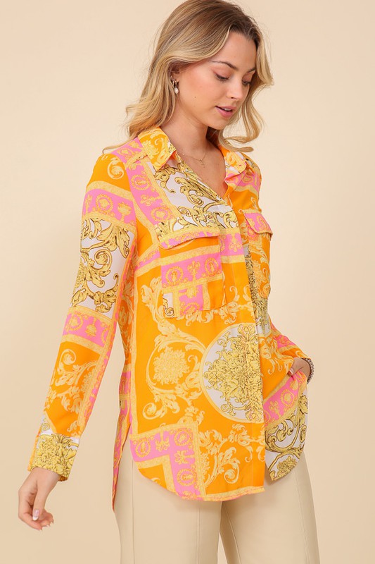 Bella Moda Latina Italian print button-down top featuring vibrant patterns and relaxed fit, perfect for casual and stylish looks.