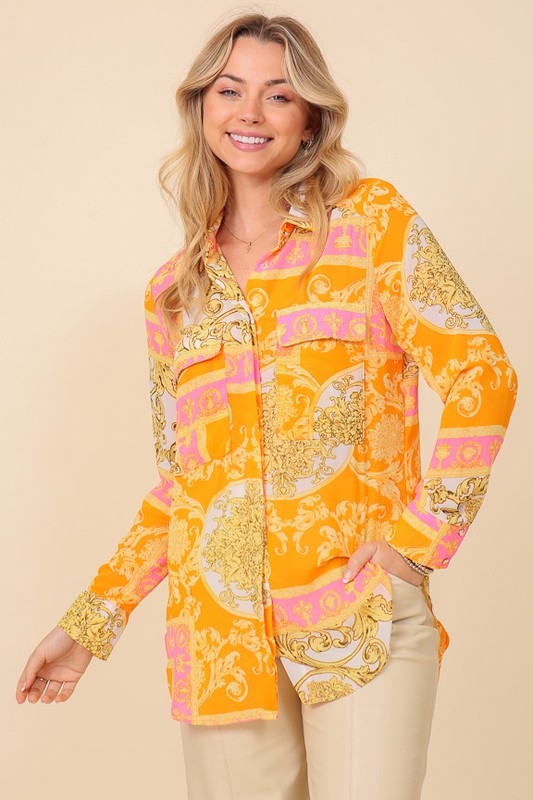 Bella Moda Latina Italian print button-down top, featuring colorful patterns and long sleeves, casual and stylish for everyday wear.