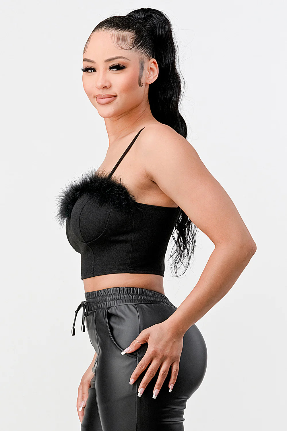 Bella Moda Latina Lux Fur Crepe Crop Top featuring plush fur and sleek crepe fabric in a stylish crop design.