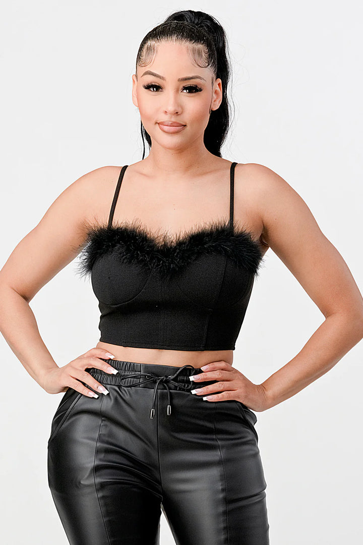 Bella Moda Latina Lux Fur Crepe Crop Top featuring a stylish, textured fur crepe fabric with a modern crop design.