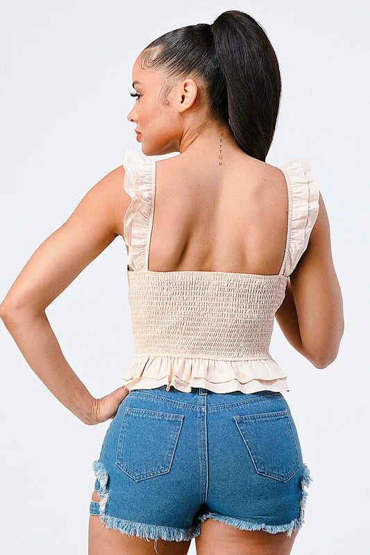 RUFFLED STRAPS SWEETHEART LAYERED COTTON TOP - Vella Moda