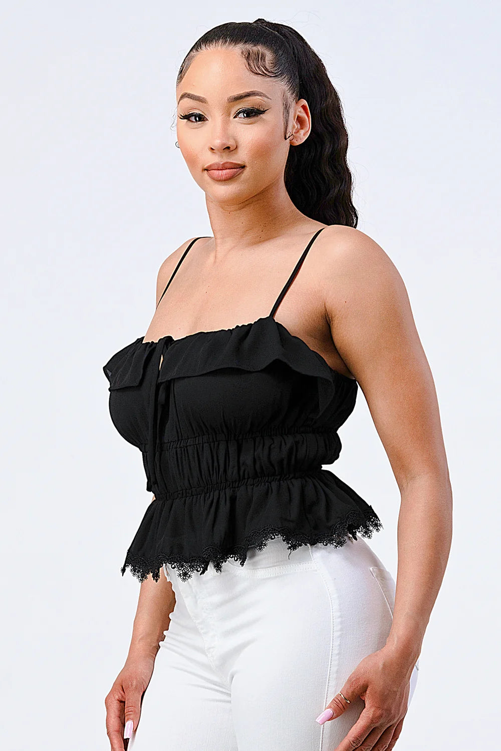 Bella Moda Latina smocked ruffled sweetheart top with off-shoulder design and feminine details, perfect for casual or dressy occasions.