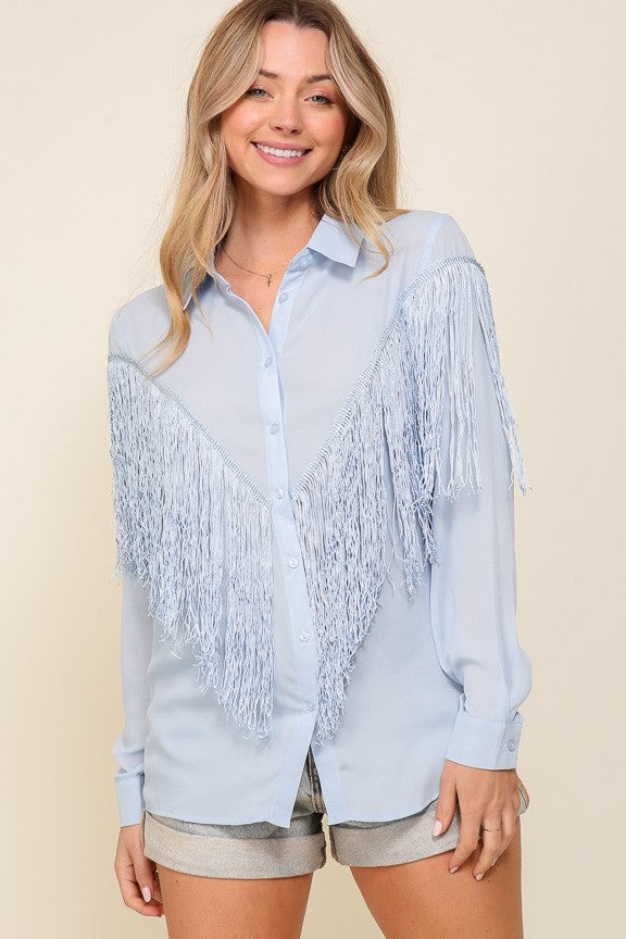 BUTTON DOWN CHIFFON WOVEN FRINGE TOP - Vella Moda